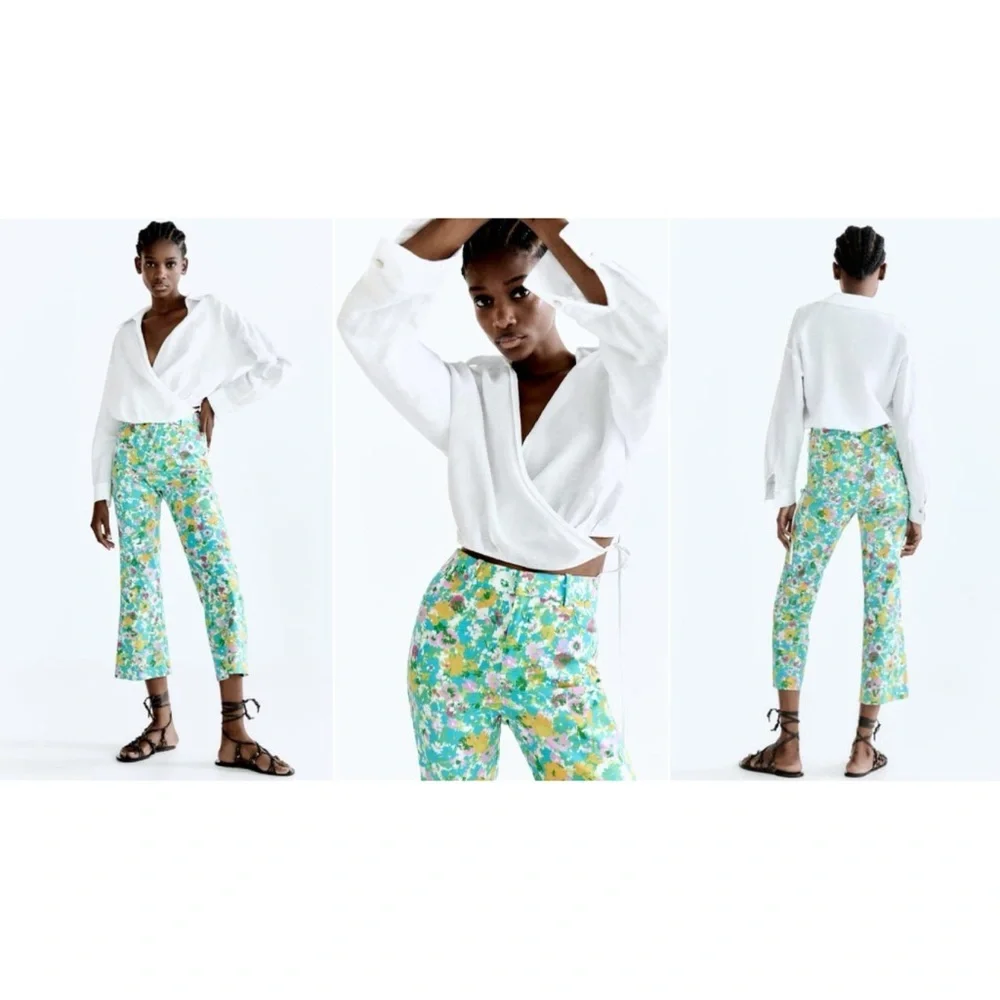 Zara Floral Printed Linen Blend Mini Flare Trousers